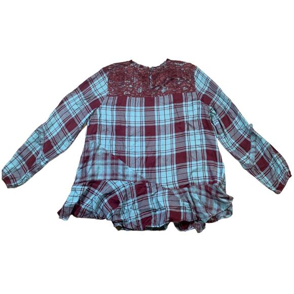 Lori Goldstein Blouse LOGO Lavish Plaid Teal Maroon Lace Ruffle Size Medium - Picture 1 of 11